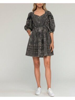 Sea NY Dylan Mini Dress Black Chambray Puff Sleeve Zip Front NWT Size 00